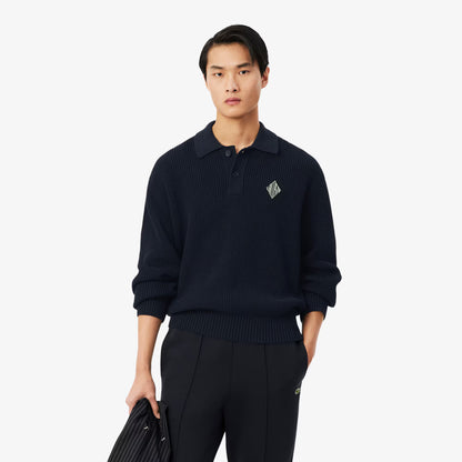 Badge Accent Pearl Rib Polo Collar Sweater