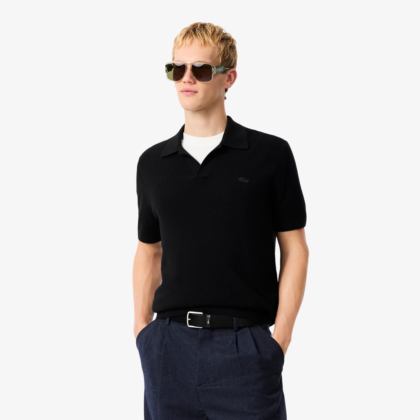Pull en maille mélangée de coton à col polo ouvert
